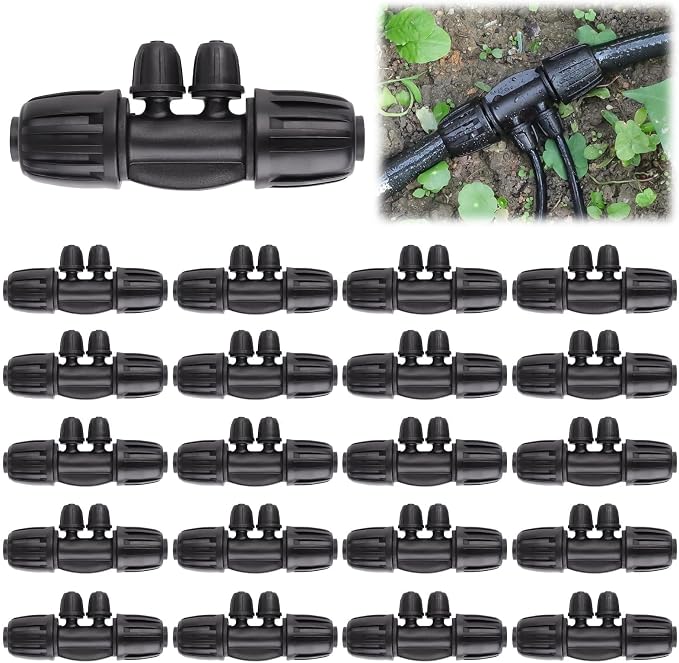 Kalolary 20PCS Locked Barbed Tee Connectors, 1/2" to 1/4" Drip Irrigation Fittings Kit 12/16mm to 4/7mm Tube Lock Female Connector 4-Way Barbed Lock Irrigation Parts for Watering System (Black)