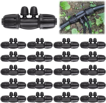 Kalolary 20PCS Locked Barbed Tee Connectors, 1/2" to 1/4" Drip Irrigation Fittings Kit 12/16mm to 4/7mm Tube Lock Female Connector 4-Way Barbed Lock Irrigation Parts for Watering System (Black)