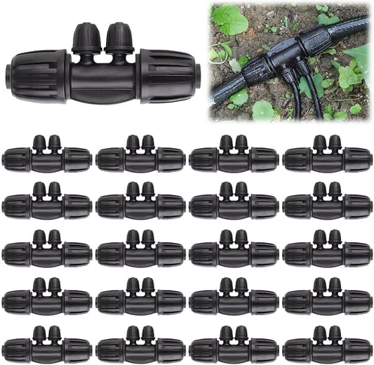 Kalolary 20PCS Locked Barbed Tee Connectors, 1/2" to 1/4" Drip Irrigation Fittings Kit 12/16mm to 4/7mm Tube Lock Female Connector 4-Way Barbed Lock Irrigation Parts for Watering System (Black)