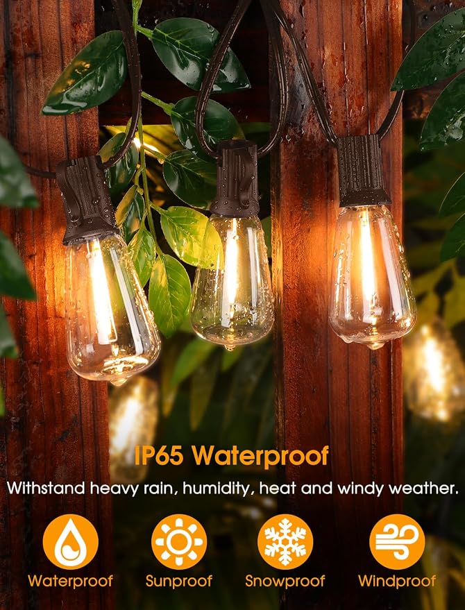Larkvue 25FT Outdoor String Lights, Patio Lights with 10+1 LED Dimmable Waterproof Shatterproof Linkable ST38 Bulbs for Fence Porch Gazebo, Brown