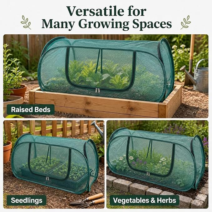 4 Pack Pop Up Mesh Plant Cover, 33% Sunblock Garden Covers for Raised Beds, Breathable Garden Netting for Raised Beds with 16 Stakes for Protecting Seedlings Fruits(44 x 22 x 17.5 in)