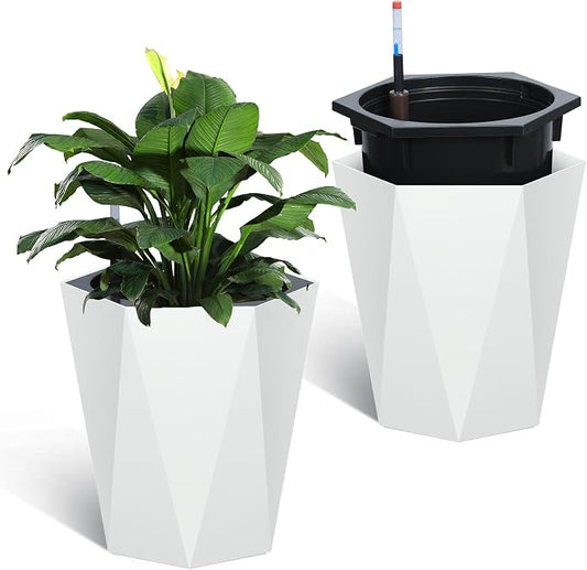 IDEALHOUSE 16" Tall Planters, Self-Watering Planters with Water Level Monitor and Drainage Hole, Large Outdoor Planters for Living Room, Bedroom Office, Patio, Porch, Garden, Set of 2