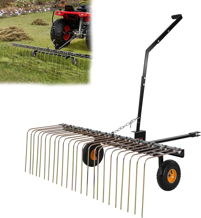VEVOR Tow Behind Dethatcher, 60-inch Lawn Dethatcher Rake with 24 Steel Tines for ATV or Mower, Heavy Duty Q235 Steel Tow Behind Lawn Rake with Lift Handle for Farm Leaves, Pine Needles, and Grass