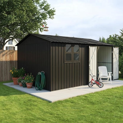 KEIKI 12x10 Ft Metal Outdoor Storage Shed Garden with Window, Foldable Worktable & Shelves, Lockable Door, Waterproof Apex Roof Heavy Duty Tool House for Backyard Garden Lawn, Black