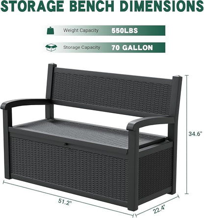 LHBcraft 70 Gallon Lockable Outdoor Storage Bench Waterproof, Deck Box Bench for Patio, Porch, Garden, Poolside, Stores Tools & Pool Supplies, Heavy-Duty Outdoor Bench with Storage, Black