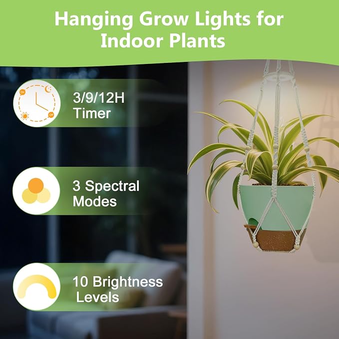 2 Pack Self Watering Hanging Planters with Grow Light for Indoor Plants | 10 Brightness, 3 Light Modes, 3/9/12H Timer, Built-In Reservoir, Drainage Holes, 10 in Pots