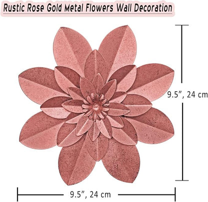 Rose Gold Metal Flower Wall Art Decor, 9.5“ Rustic Modern Floral Sculpture, Distressed Iron Wall Hanging Home Decoration Accent Artworks for Indoor Kitchen Bedroom Living Room Office Outdoor Garden