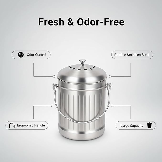 1.3 Gallons 5L Brushed Stainless Steel Kitchen Countertop Undersink Indoor Odorless Composting Compost Bin Countertop Composter with Charcoal Filter Inside Lid Brushed