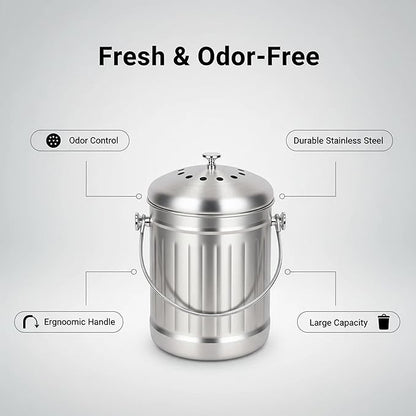 1.3 Gallons 5L Brushed Stainless Steel Kitchen Countertop Undersink Indoor Odorless Composting Compost Bin Countertop Composter with Charcoal Filter Inside Lid Brushed