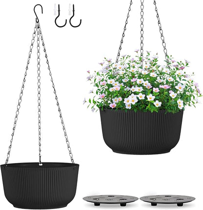 12 Inch Large Hanging Pots for Indoor Outdoor Plants Set of 2 | Self-Watering Hanging Planters with Internal Saucers, Drainage Holes & Plugs (Hooks)