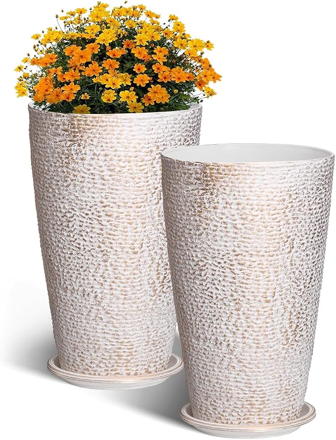 VEVOR Set of 2 Tall Outdoor Planters 21" H, Round Large Planters for Front Porch and Patio, Stone Finish Flower Tree Plant Pots