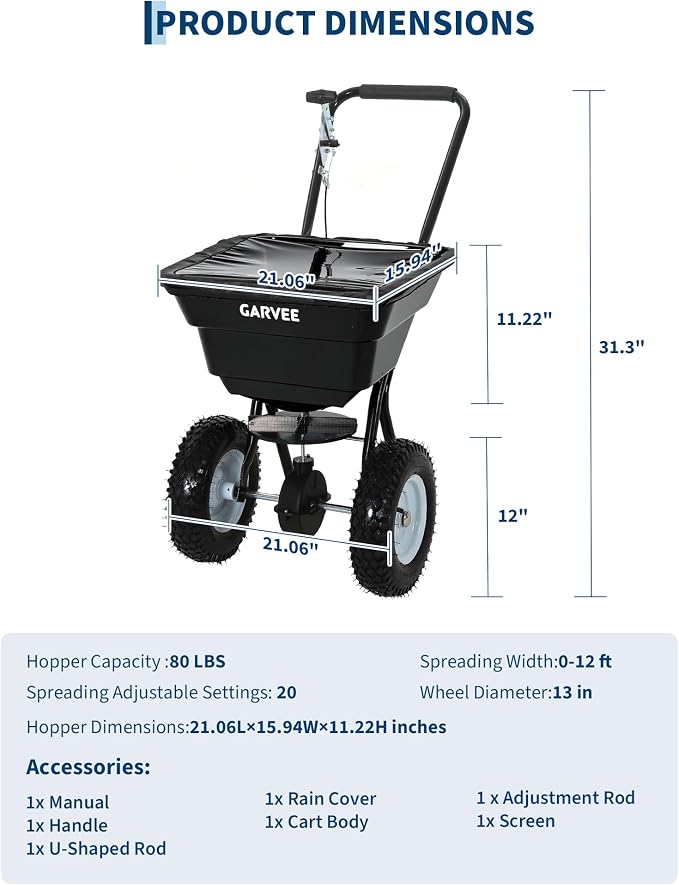 80 LBS Push Broadcast Spreader, 12FT Spreading Width, 13in All-Terrain Wheels, Adjustable Flow Control, Heavy Duty Walk Behind Lawn Spreader for Fertilizer, Grass Seed, Ice Melt, Salt