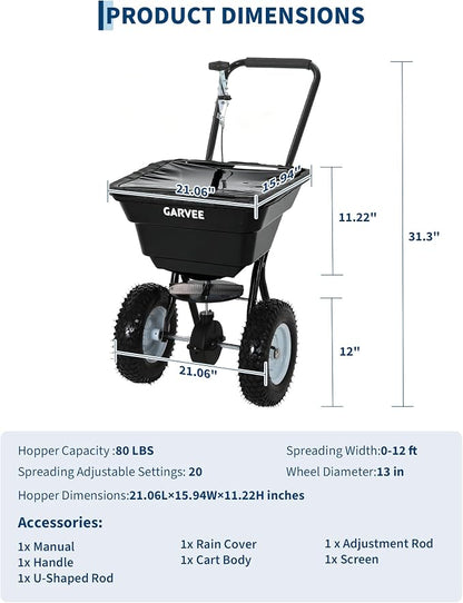 80 LBS Push Broadcast Spreader, 12FT Spreading Width, 13in All-Terrain Wheels, Adjustable Flow Control, Heavy Duty Walk Behind Lawn Spreader for Fertilizer, Grass Seed, Ice Melt, Salt
