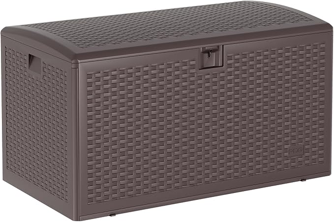 120 Gallon Waterproof Large Resin Deck Box Indoor Outdoor, Lockable Storage Container for Patio Furniture Cushions, Throw Pillows, Garden Tools, and Pool Floats, Brown