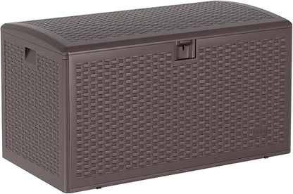 120 Gallon Waterproof Large Resin Deck Box Indoor Outdoor, Lockable Storage Container for Patio Furniture Cushions, Throw Pillows, Garden Tools, and Pool Floats, Brown