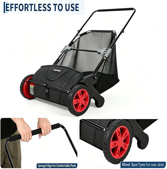 Push Lawn Sweeper, 21inch Leaf & Grass Collector, Heavy Duty Thickened Steel Durable Manual Leaf Sweeper to Use with Large Capacity 3.5 Cu. ft. Mesh Collection Hopper Bag, 2 Spinning Brushes