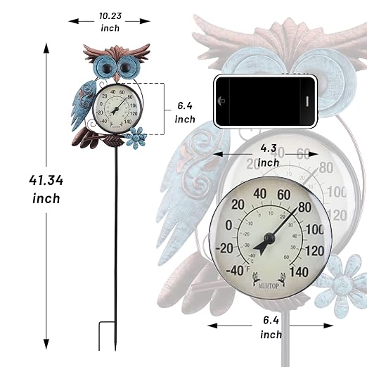 MUMTOP Outdoor Thermometer, 42 Inch Metal Owl Garden Stake Outside Wall Thermometer for Patio, Yard and Garden
