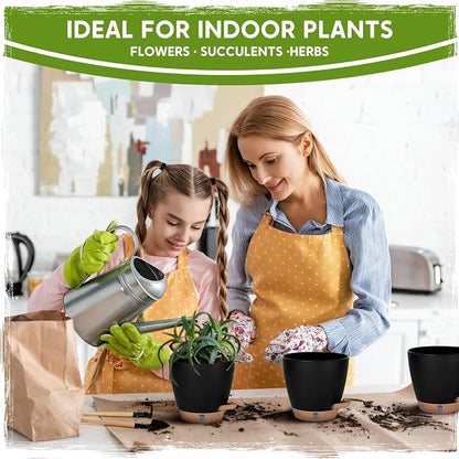 5 Pack 6 Inch Self Watering Planters for Indoor Plants, Automatic Watering Pots for Busy Plant Parents & Vacation, Decorative Modern Flower Pots with Drainage & Saucers (Black, 6 inch)
