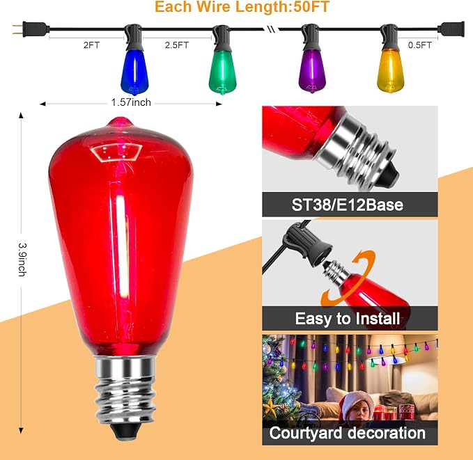 50Ft Outdoor Multicolor String Lights, LED Dimmable Christmas Multicolor Lights Outdoor Waterproof with 25 ST38 Colored LED Bulbs, 2700k Shatterproof for Backyard Gazebo Porch Garden Outside Decor
