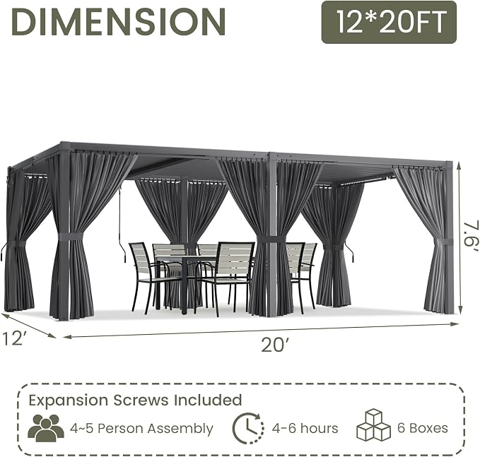 Louvered Pergola 12'x20' Outdoor Pergola with Roof, Heavy Duty Aluminum Frame & Waterproof Curtains, Hardtop Gazebo with Adjustable Louvers for Patio, Deck and Backyard, Gray