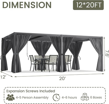 Louvered Pergola 12'x20' Outdoor Pergola with Roof, Heavy Duty Aluminum Frame & Waterproof Curtains, Hardtop Gazebo with Adjustable Louvers for Patio, Deck and Backyard, Gray