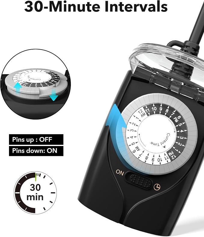 HBN Outdoor Timer Outlet Waterproof, 24 Hour Mechanical Light Timers for Electrical Outlets Outdoor Weatherproof, 2 Grounded Outlets for Christmas Lights, Pool Pump, 15A 1/2HP