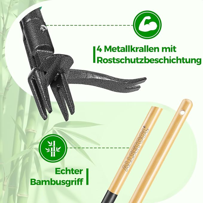 Weed Puller Tool with 2 Weed Eject Feature, 43.7in Stand Up Dandelion Remover Tool, Real Bamboo Handle and Metal 4 Claw & Foot Pedal, Heavy Duty Garden Weeder