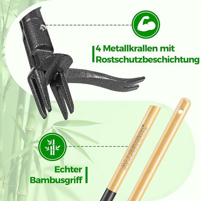 Weed Puller Tool with 2 Weed Eject Feature, 43.7in Stand Up Dandelion Remover Tool, Real Bamboo Handle and Metal 4 Claw & Foot Pedal, Heavy Duty Garden Weeder