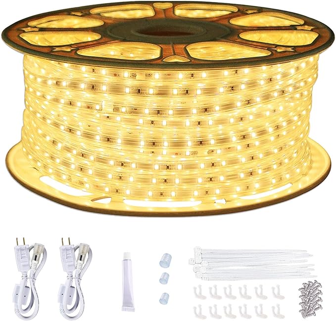 SURNIE 150ft Flat Outdoor Rope Lights Waterproof: 110V Cool Warm White LED Strip Light - Cuttable Connectable Lights for Deck Patio Stairs Backyards Commercial Decor Lighting, Not Tube Rope