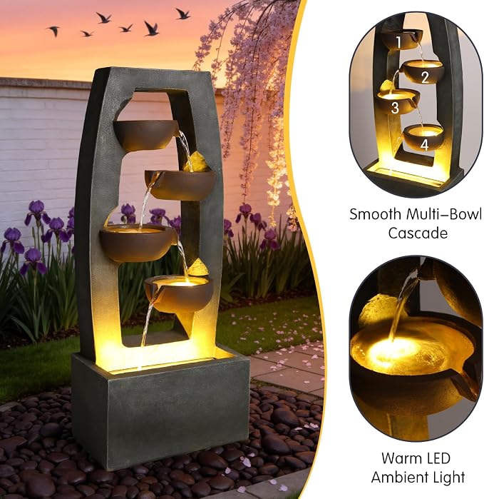 37.6" Outdoor Rock Water Fountain, Small Outdoor Fountain with Lights, 4-Tier Cascading Bowl Design Garden Water Feature, Modern freestanding Fountain for Patio Backyard Porch