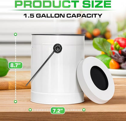 Plexon Countertop Compost Bin Kitchen with Lid, 1.5 Gallon Odorless Kitchen Compost Container, Steel Food Bucket with Charcoal Filter, Pail for Countertop, White