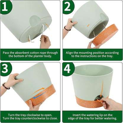 GARDIFE 12 inch Plant Pots, planters, Self Watering Pots, Large Plastic Flower pots with Deep Reservior and High Drainage Holes for Indoor Outdoor Plants and Flowers, Green