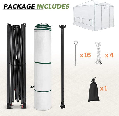 EAGLE PEAK 12x8 Portable Walk in Greenhouse, Pop Up Indoor Outdoor Greenhouse, Green House Kit with Zippered Roll-Up Doors, Windows + Support Pole, PE Cover, Clear/White