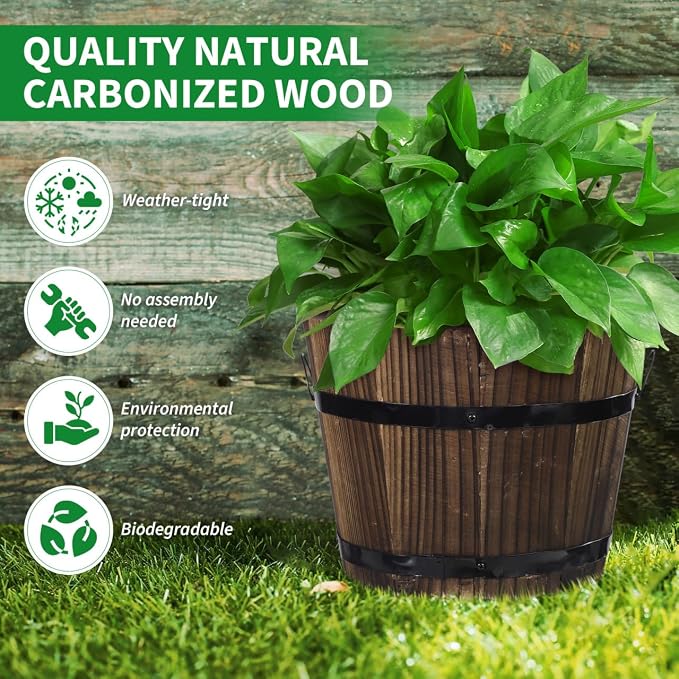 DOITOOL Rustic Wooden Barrel Planter: Wood Whiskey Barrel Bucket Flower Pots Indoor Outdoor Plants Boxes Container for Home Garden Patio Backyard - 7.08 x 5.9 x 5.1 inches (Medium)