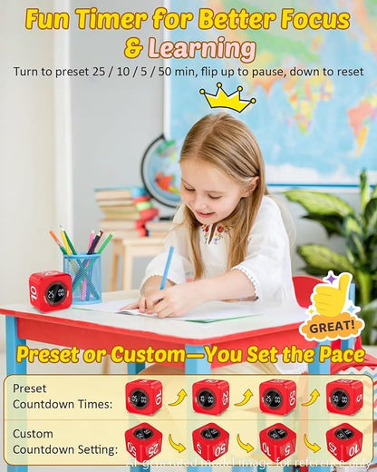 Digital Pomodoro Timer Cube 5/10/25/50min, Visual Productivity Flip Timer for Kids Classroom Desk, Custom Countdown, Silent and Sound Mode for ADHD Study Work Game Kitchen (Red)