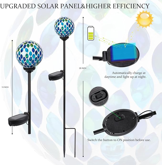 VCUTEKA Solar Lights Outdoor Decorative - Waterproof Mosaic Solar Garden Light, LED Pathway Stake for Landscape Lawn Patio Yard, Solar Globe Lights Outdoor, 1 Pack Green Yellow