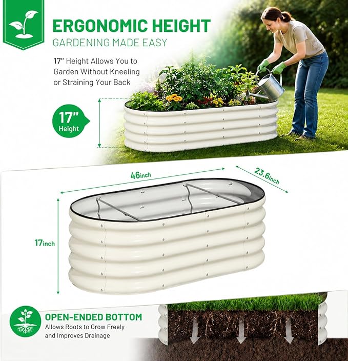 SnugNiture 3 Pcs 4x2x1.5ft Raised Garden Bed Outdoor, 17" Tall Galvanized Metal Planter Box, Oval Raised Garden Bed Kit for Planting Vegetables Plants Fruits, Beige White
