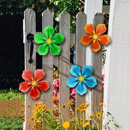 Giyyomtr Metal Flowers Wall Decor - 4pcs Metal Wall Art Hanging Decorations for Outdoor Fence Garden Yard Patio Exterior Wall Decor