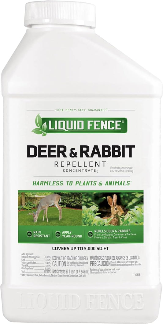 Liquid Fence Deer And Rabbit Repellent Concentrate 32 Ounces, Apply Year-Round