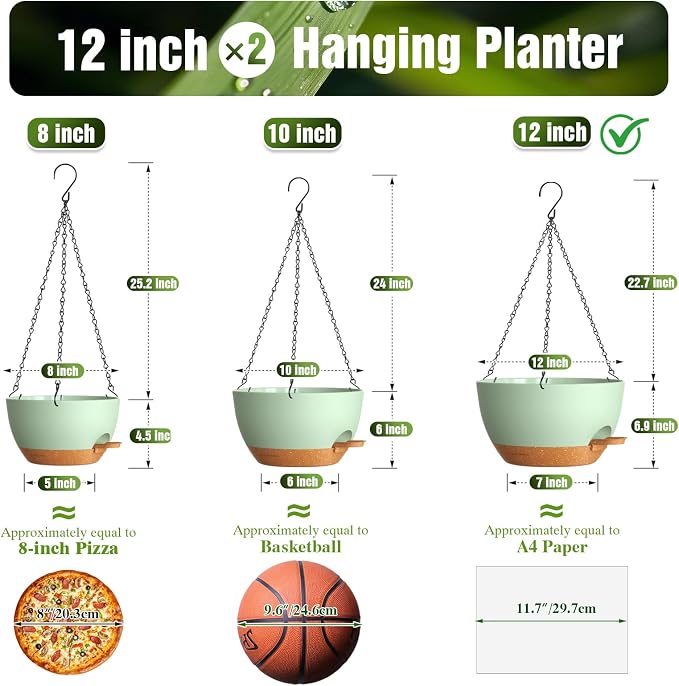 12 Inch Large Self Watering Hanging Planters 2 Pack with Saucers | Set of 2 12-inch self-watering hanging planters with extra soil capacity, side-fill ports, chain hangers & snap-on saucers