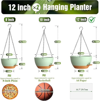 12 Inch Large Self Watering Hanging Planters 2 Pack with Saucers | Set of 2 12-inch self-watering hanging planters with extra soil capacity, side-fill ports, chain hangers & snap-on saucers