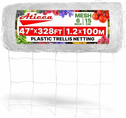 ATICCA Plastic Trellis Netting 47" x 328 ft Heavy Duty Plant Support Netting White - 6 Inch Garden Trellis on Roll - Mesh for Growing Vine Climbing Plants, Flowers, Peas, and Cucumber