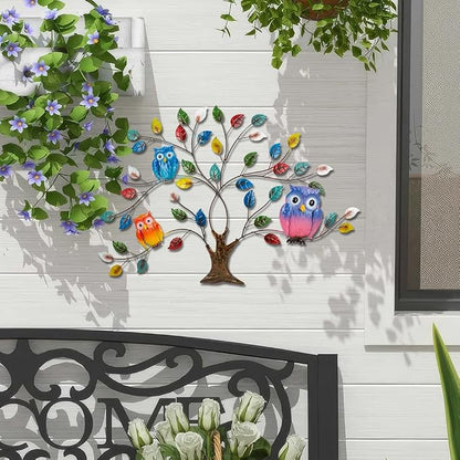 dreamskip Tree of Life Metal Wall Art, 25" Outdoor Large Wall Sculpture with Colorful Leaves and Owls, Tree Metal Wall Decor for Outdoor Indoor, Living Room, Patio, Fence, Bedroom, Garden Decor