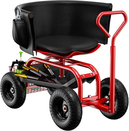 Baotree Garden Seat with Wheels, Rolling Garden Stool with Adjustable 360°Swivel Seat, Storage Basket & Extendable Handle, Outdoor Gardening Scooter, Garden Cart Workseat Stools for Seniors