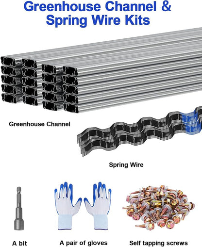 40 PCS 3.28FT Greenhouse Wiggle Spring Wire and Lock Channel Kit, Greenhouse Channel and PVC Coated Spring for Plastic Film, Netting or Cloth, Comes with Seal Tight Screws and Driver.