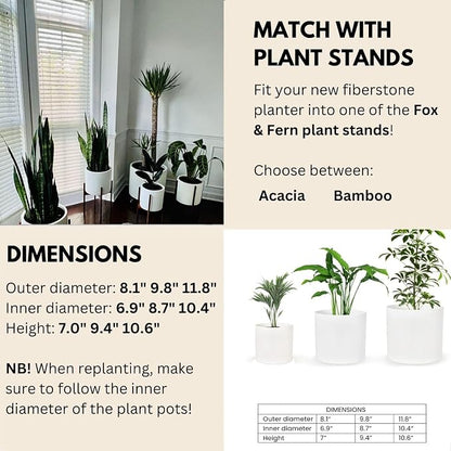 Fox & Fern Large Indoor Planter, Modern Large Plant Pot for Indoor or Outdoor, UV and Frost Resistant - Set of 3: 8, 10, 11.8 Inch, White Flower Pot with Drainage Plug, Lightweight
