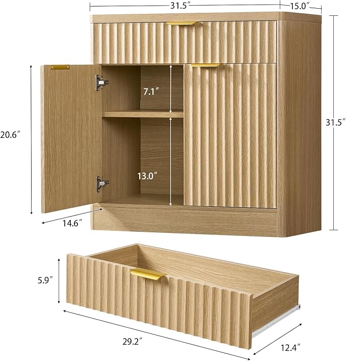 TEENFON 31.5" W Storage Cabinet with Drawer and Adjustable Shelf, Coffee Bar Cabinet, Fluted Sideboard Buffet Cabinet with 2 Doors for Living Room, Kitchen, Entryway, Natural