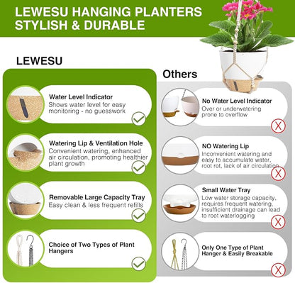 LEWESU Set of 2 Hanging Planters for Indoor Plants with Self Watering Includes Hanging Pots and 2 Types Plant Hangers, Outdoor Hanging Baskets Holder for Home Garden, 10 Inch Oyster White