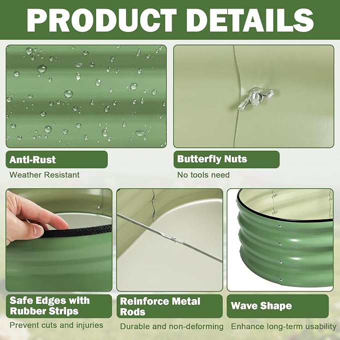 2 PCS Galvanized Raised Garden Bed 4x2x1 Ft, Oval Metal Outdoor Planter Box Kit with Safety Rubber Edge, Easy Assemble Bottomless Large Planting Container for Vegetable, Flower, Fruit, Green