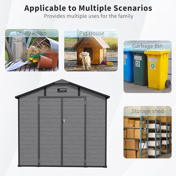 PVWIIK 8x10 ft Resin Outdoor Storage Shed with Floor & Window, Lockable Waterproof All-Weather Utility Shed for Garden Tools & Trash Bins, Gray